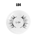 Black wispy false eyelashes in round clear case, labeled L-04, spiky volume style