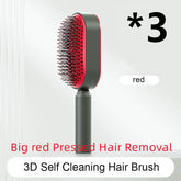 Red and black self-cleaning hair brush with ergonomic handle and 3D bristles