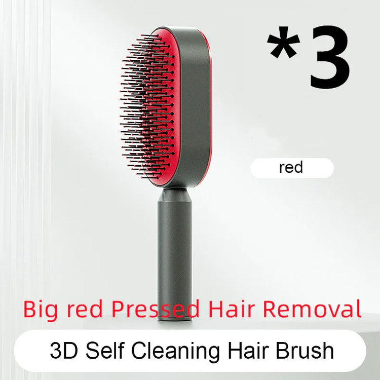 Red and black self-cleaning hair brush with ergonomic handle and 3D bristles