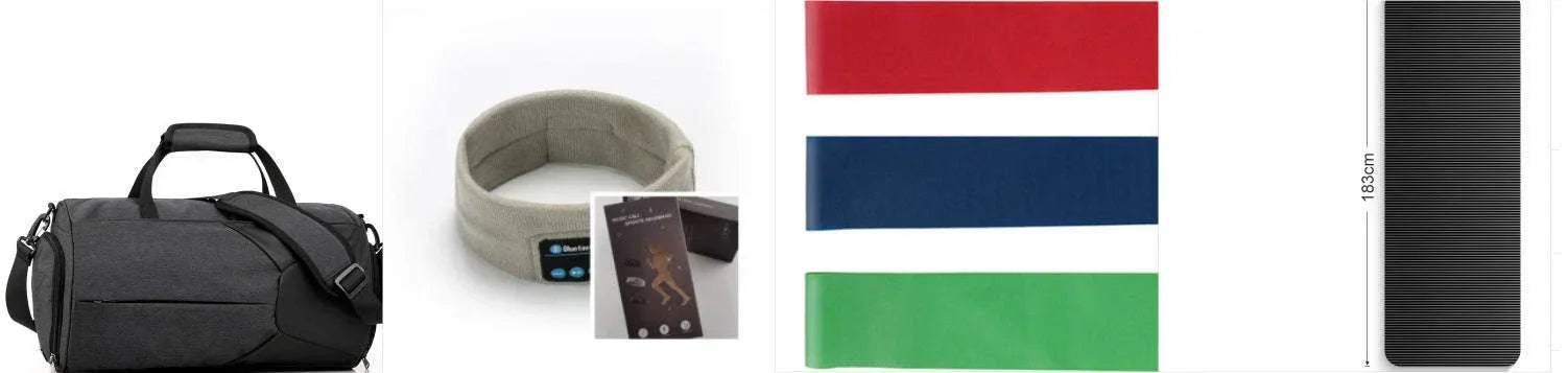 Black duffel bag, gray fabric headband with Bluetooth, colorful resistance bands, black exercise mat