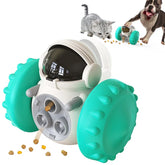 Futuristic robot-shaped pet treat dispenser toy with teal wheels, suitable for cats and dogs.