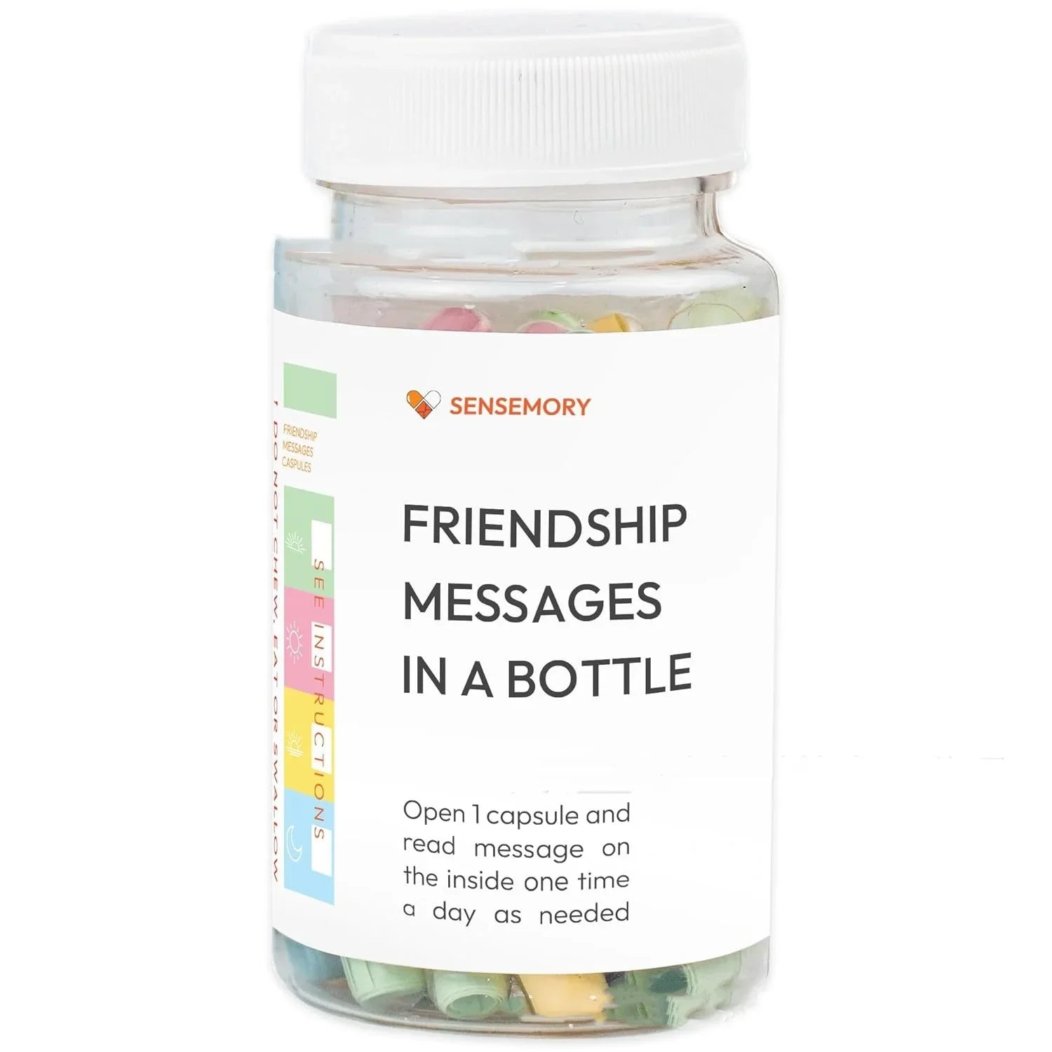 Clear bottle with colorful capsule notes labeled friendship messages, white background