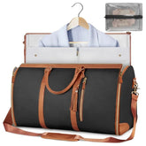 Black and brown leather garment duffel bag with shoulder strap and organized suit storage