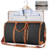 Black and brown leather garment duffel bag with shoulder strap and organized suit storage