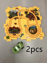 Yellow dinosaur-themed puzzle mat with printed track and green toy car, 2 pieces included