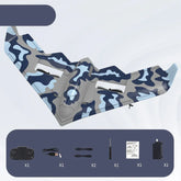 Blue and gray camouflage remote control glider set with accessories on white background