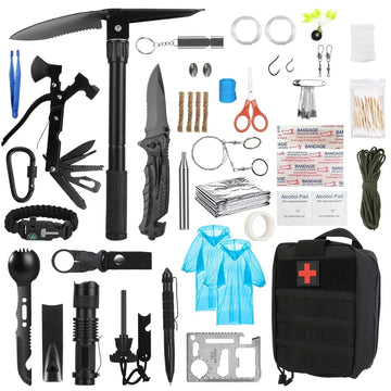 Comprehensive black survival gear kit with nylon tactical bag, multi-tools, and outdoor essentials.
