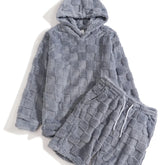 Gray checkered fleece hoodie and shorts set, relaxed fit, soft plush material