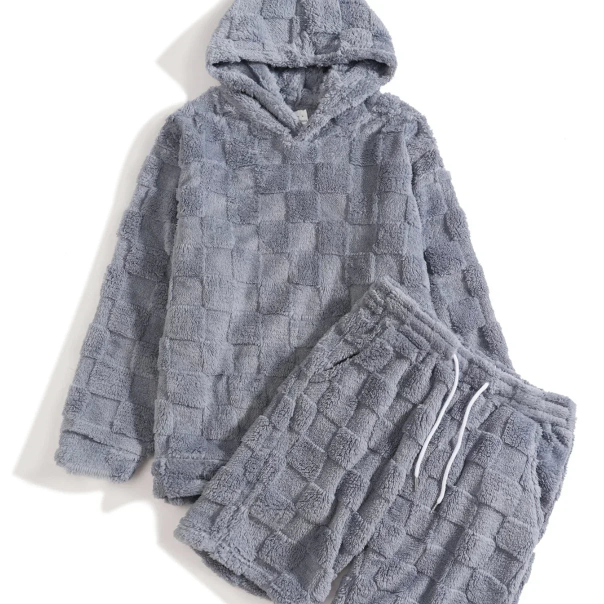 Gray checkered fleece hoodie and shorts set, relaxed fit, soft plush material