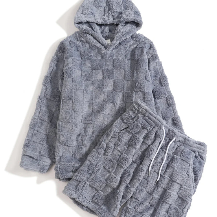 Gray checkered fleece hoodie and shorts set, relaxed fit, soft plush material