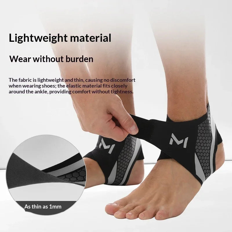 Person wearing black and gray lightweight ankle compression sleeves with elastic fit.