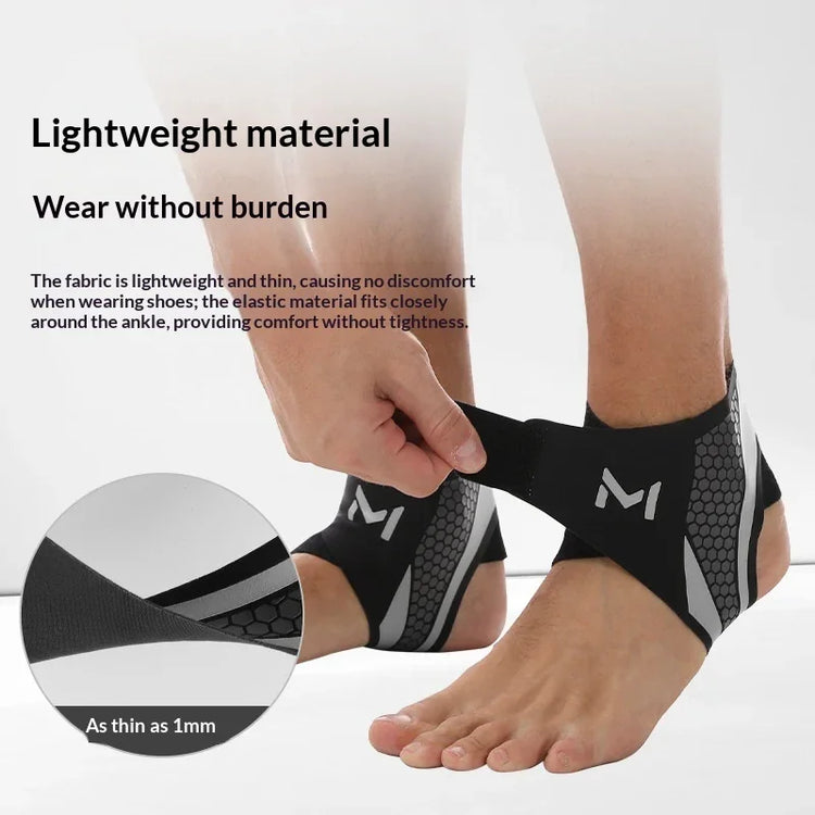 Person wearing black and gray lightweight ankle compression sleeves with elastic fit.