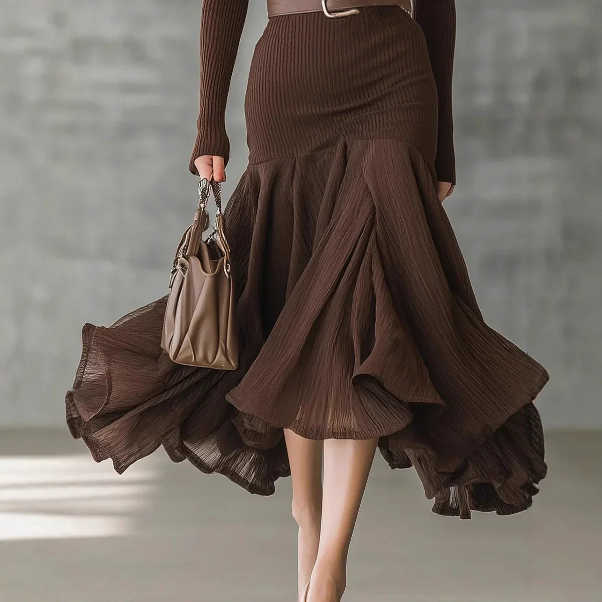 Brown ribbed knit long-sleeve dress with flared hem, flowy fit, and pleated texture