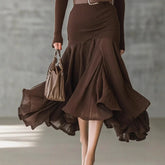 Brown ribbed knit long-sleeve dress with flared hem, flowy fit, and pleated texture