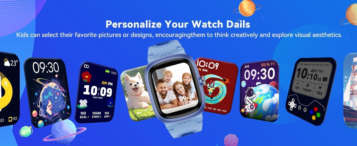 Blue kids smartwatch with customizable digital dials, playful colors, animated themes, and modern fit.