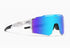Futuristic white sunglasses with blue mirrored visor lens, black temple tips, and splatter accents