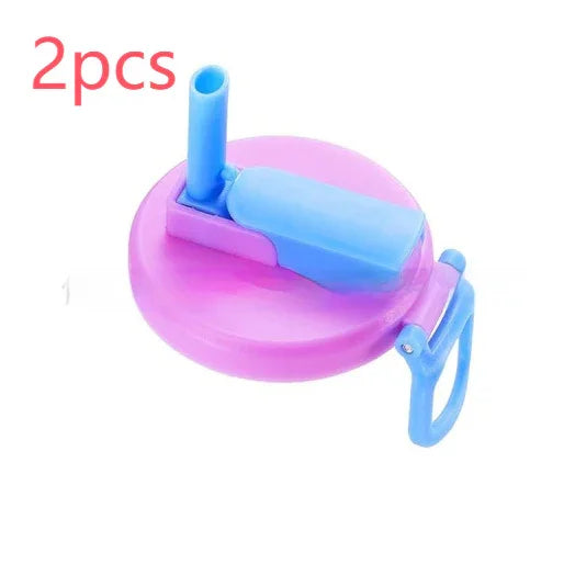 Pink and blue plastic water bottle lid with straw and handle, pack of 2