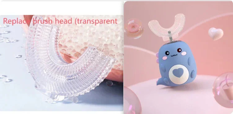 Transparent U-shaped silicone toothbrush head and cute blue automatic toothbrush for children
