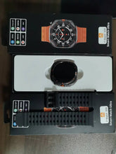 Black and orange smartwatch with silicone perforated strap and digital display in package.