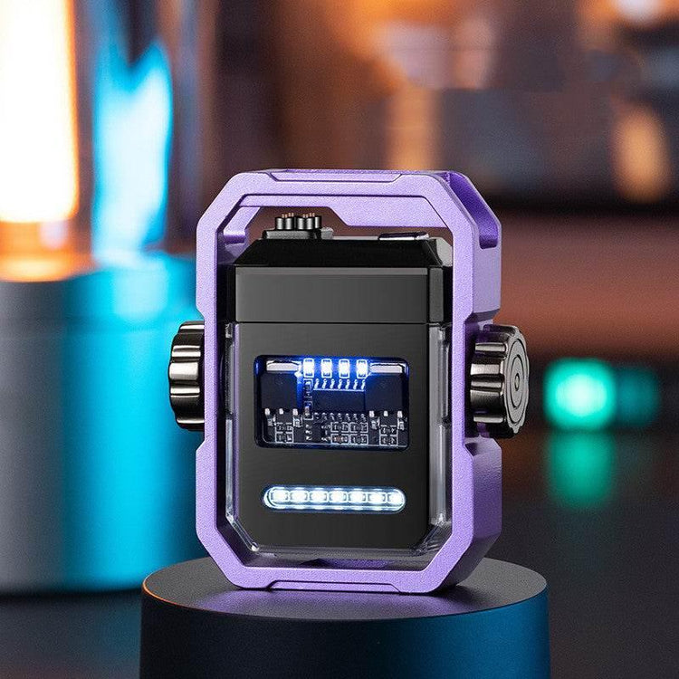 Futuristic purple and black tech gadget with LED lights, metallic accents, and digital display.