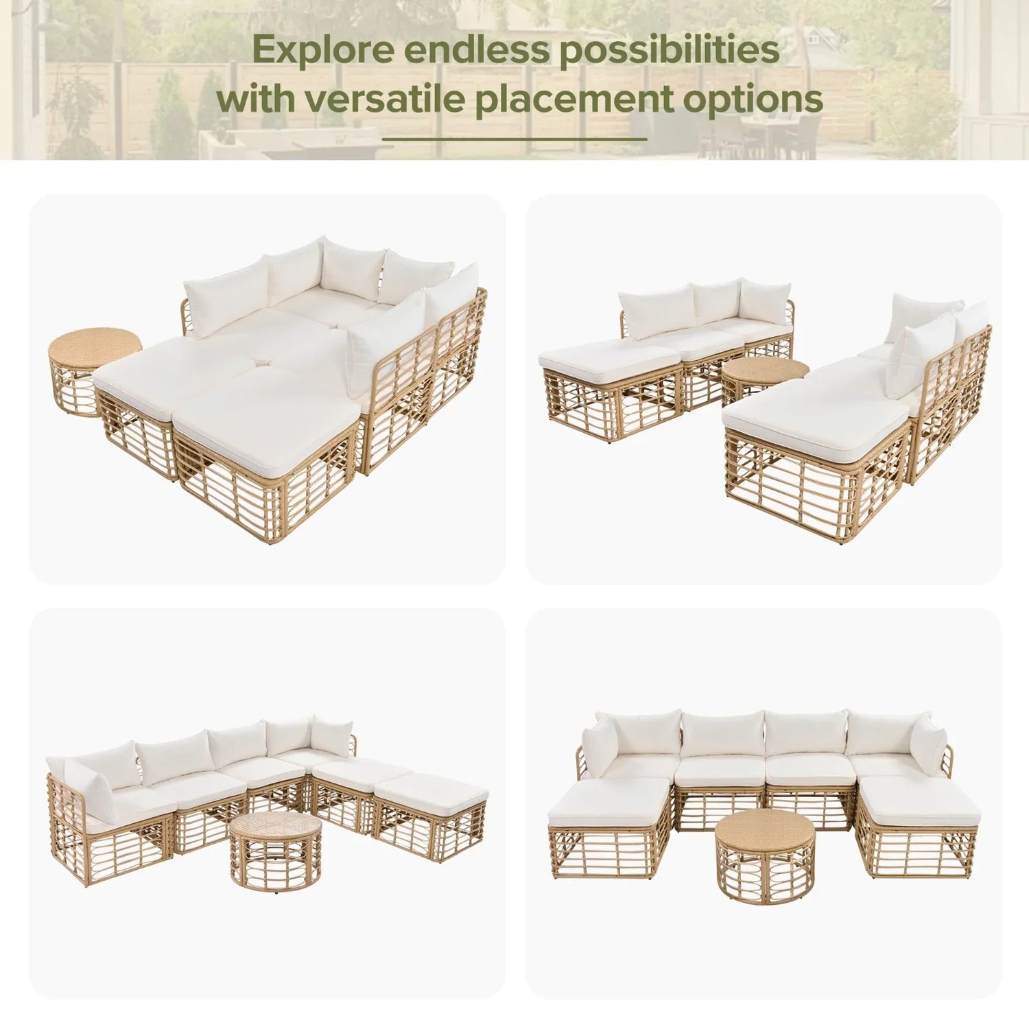 Modular outdoor wicker sectional sofa set with beige cushions and a round rattan coffee table, shown in versatile arrangements.