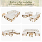 Modular outdoor wicker sectional sofa set with beige cushions and a round rattan coffee table, shown in versatile arrangements.