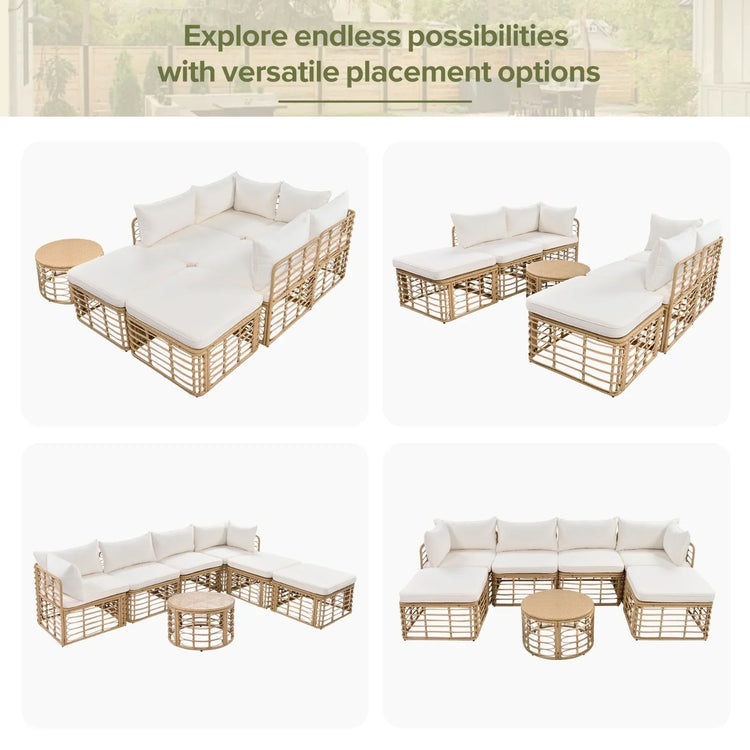 Modular outdoor wicker sectional sofa set with beige cushions and a round rattan coffee table, shown in versatile arrangements.