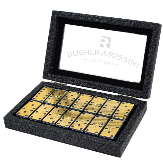 Bucher&Rossini Dominoes Set Double 6 - Claasic Black Domino's Game Set with Metal Surface for Adults and Kids Idea Gift Present for Domino Players or Family Game Night