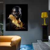 Modern wall art featuring a person wearing gold accessories and metallic streetwear style.