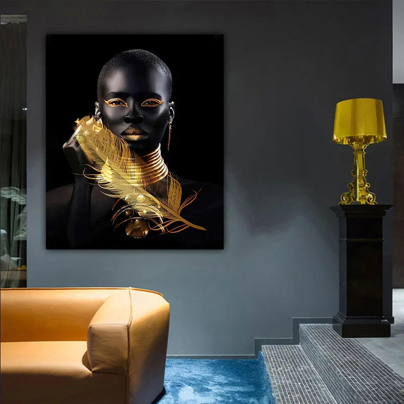 Modern wall art of a person with gold-painted accessories and black attire in a stylish room
