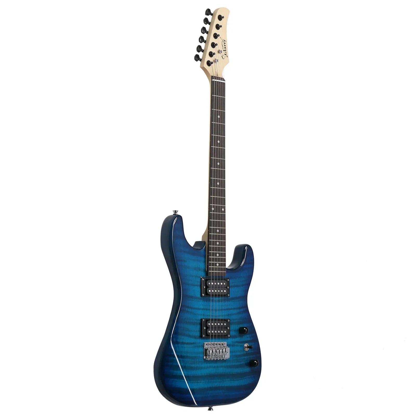 Blue electric guitar with glossy finish, dual humbuckers, maple neck, and black hardware on white background.