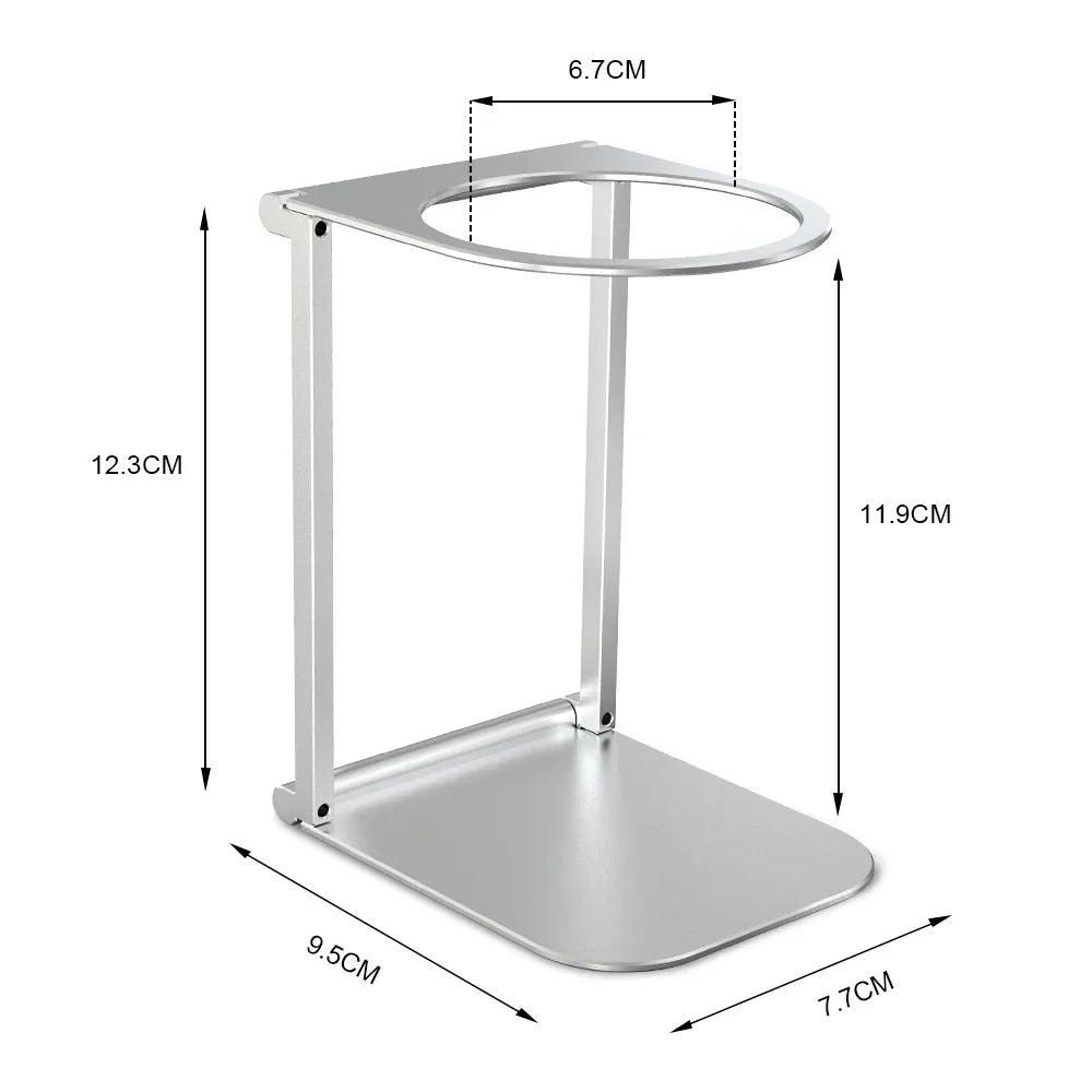 Minimalist silver metal stand with rounded base, open circular top, and dimensions labeled.