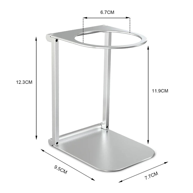 Minimalist silver metal stand with rounded base, open circular top, and dimensions labeled.
