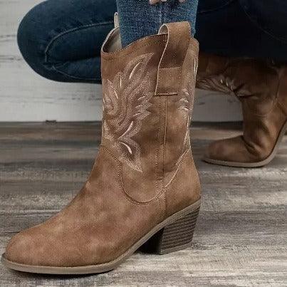 Brown suede western boots with embroidered details, mid-calf height, paired with jeans