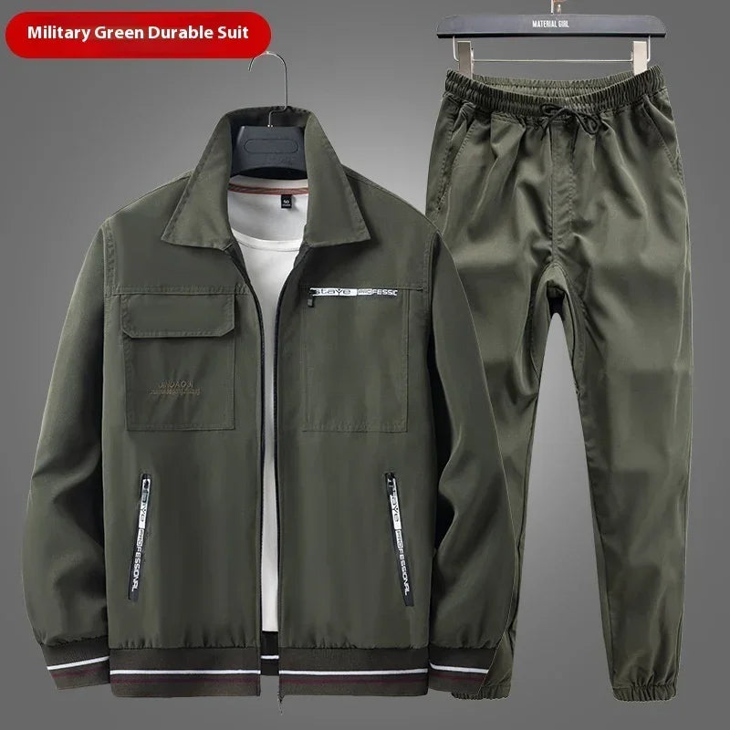 Men's military green streetwear set with zip jacket and elastic waist pants, casual fit.