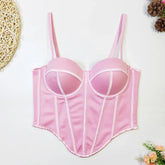 Pink satin bustier corset top with structured boning, underwire cups, and adjustable straps