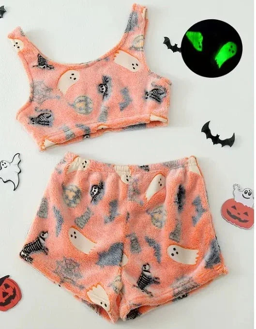 Fuzzy orange Halloween pajama set with tank top and shorts, ghost print, relaxed fit