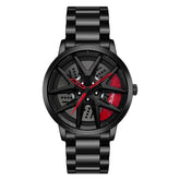 Black stainless steel watch with red accents and bold, futuristic openwork face