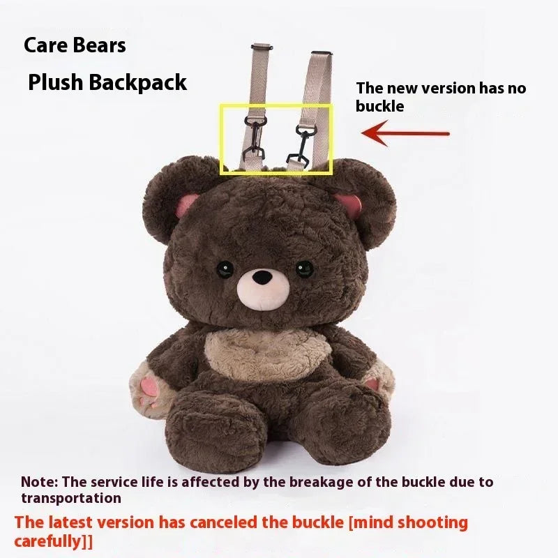 Cute brown plush bear backpack with adjustable beige straps, soft faux fur material.