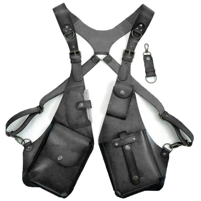 Black leather harness vest with multiple pockets and adjustable straps, streetwear accessory