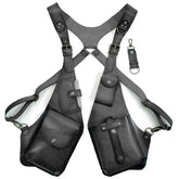 Black leather harness vest with multiple pockets and adjustable straps, streetwear accessory