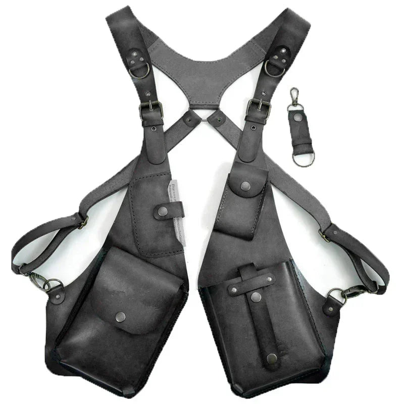 Black leather harness vest with multiple pockets and adjustable straps, streetwear accessory