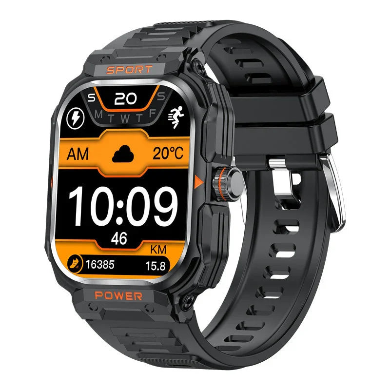 Black rugged sport smartwatch with orange accents, silicone strap, large digital display