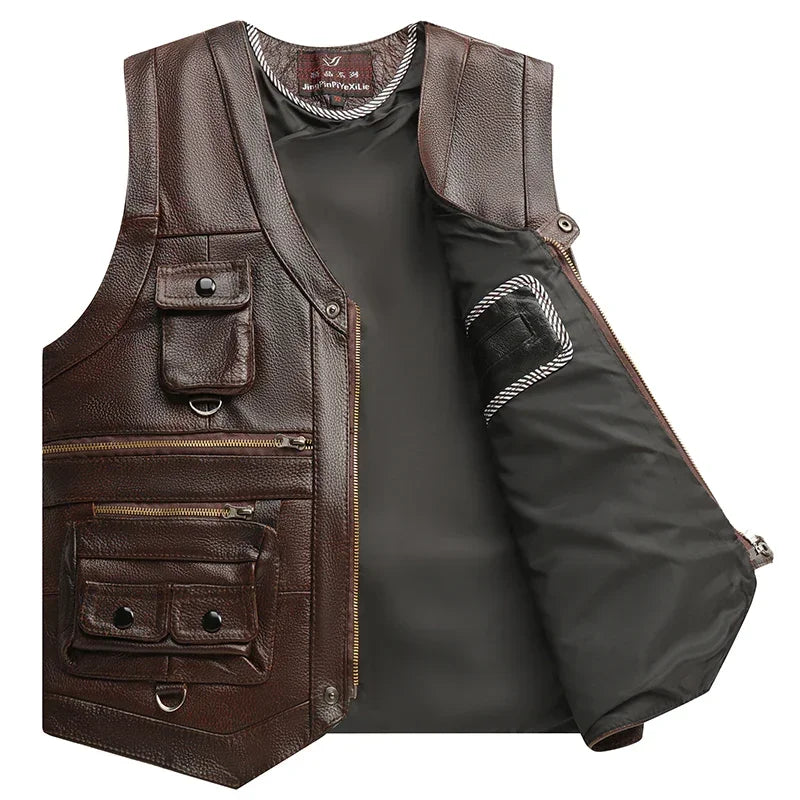 Brown faux leather vest with multiple zippered and snap pockets, modern utility style, regular fit