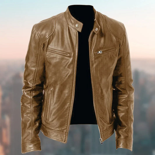 Men's tan leather biker jacket with zip pockets, slim fit, and snap collar
