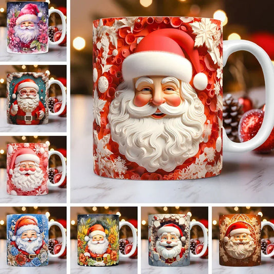 Assorted ceramic mugs featuring festive Santa Claus designs in vibrant holiday colors