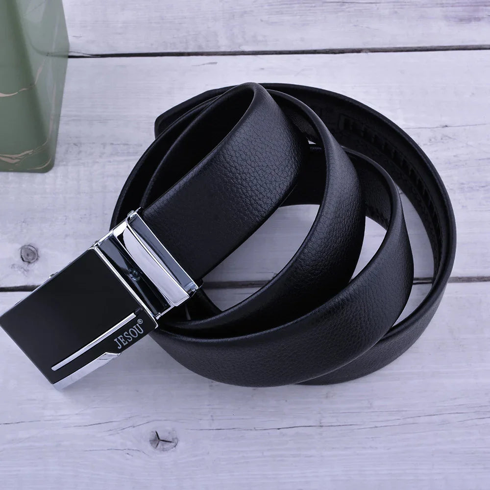 Black leather belt with sleek metal buckle, modern streetwear accessory on wood background