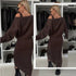 Woman wearing a brown off-shoulder knit top and matching fitted midi skirt, black boots