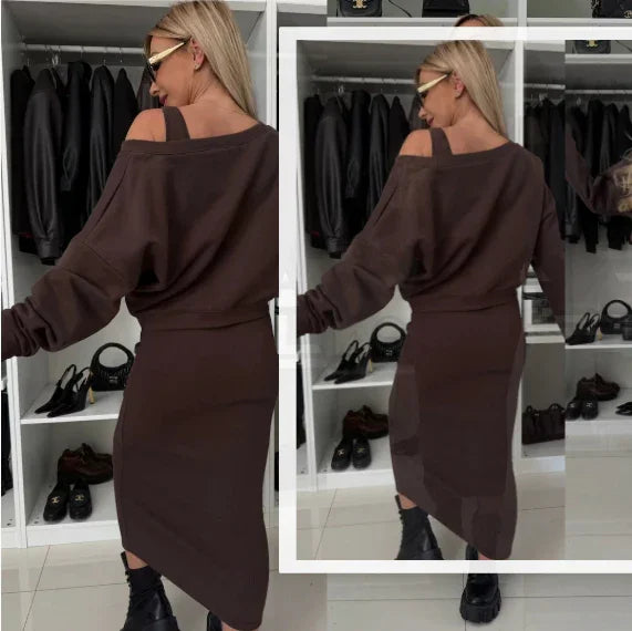 Woman wearing a brown off-shoulder knit top and matching fitted midi skirt, black boots