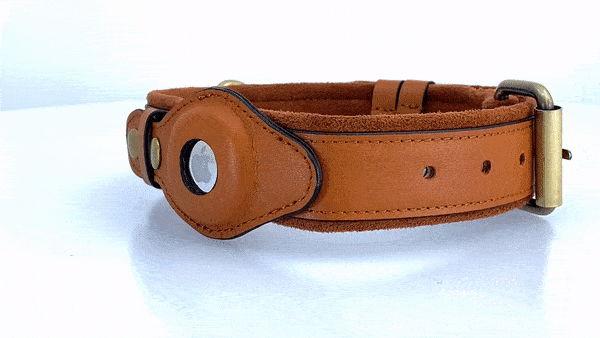 Brown leather adjustable collar with suede lining, metal buckle, and AirTag holder